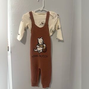 Winnie the Pooh long sleeve onesie and knitted overalls